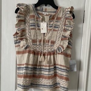 Elegant Plaid Ruffle Blouse in Cream, Blue, and Brown